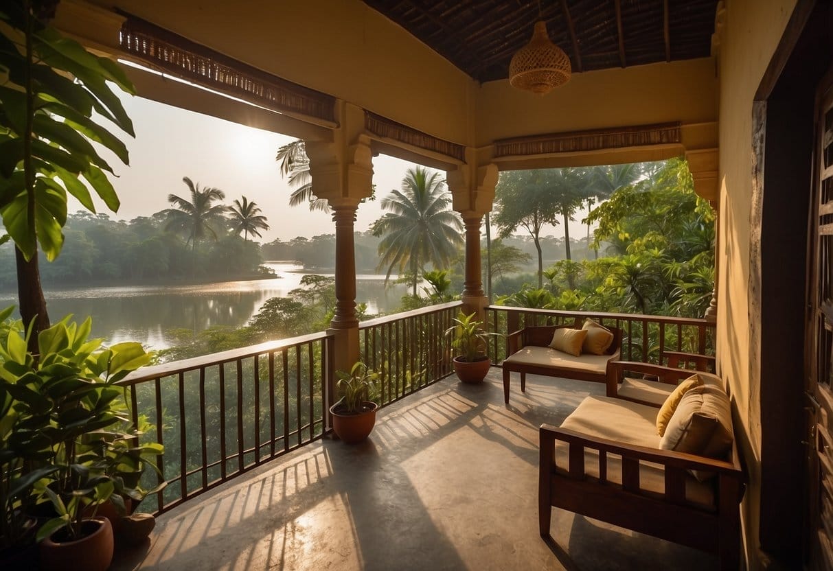 A traditional Tamil Nadu homestay, with colorful decor and warm hospitality, nestled amidst lush greenery and surrounded by serene backwaters