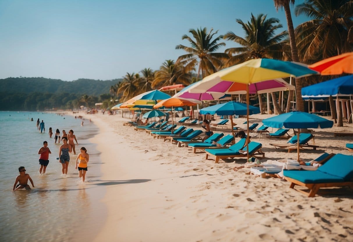 A serene beach with palm trees, clear blue waters, and colorful parasols. A group of people engage in water sports while others relax on the sand