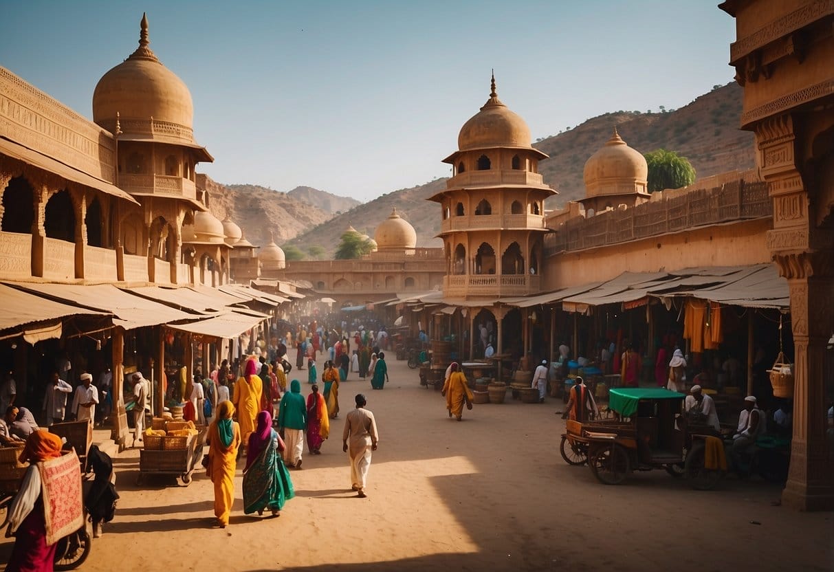 The bustling streets of Rajasthan, filled with colorful markets, ancient forts, and intricate palaces, surrounded by the golden desert landscape | Rajasthan Tourism