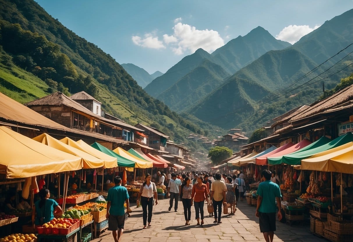 A vibrant market with colorful stalls, bustling with tourists and locals. The backdrop of lush green mountains and a clear blue sky adds to the picturesque scenery