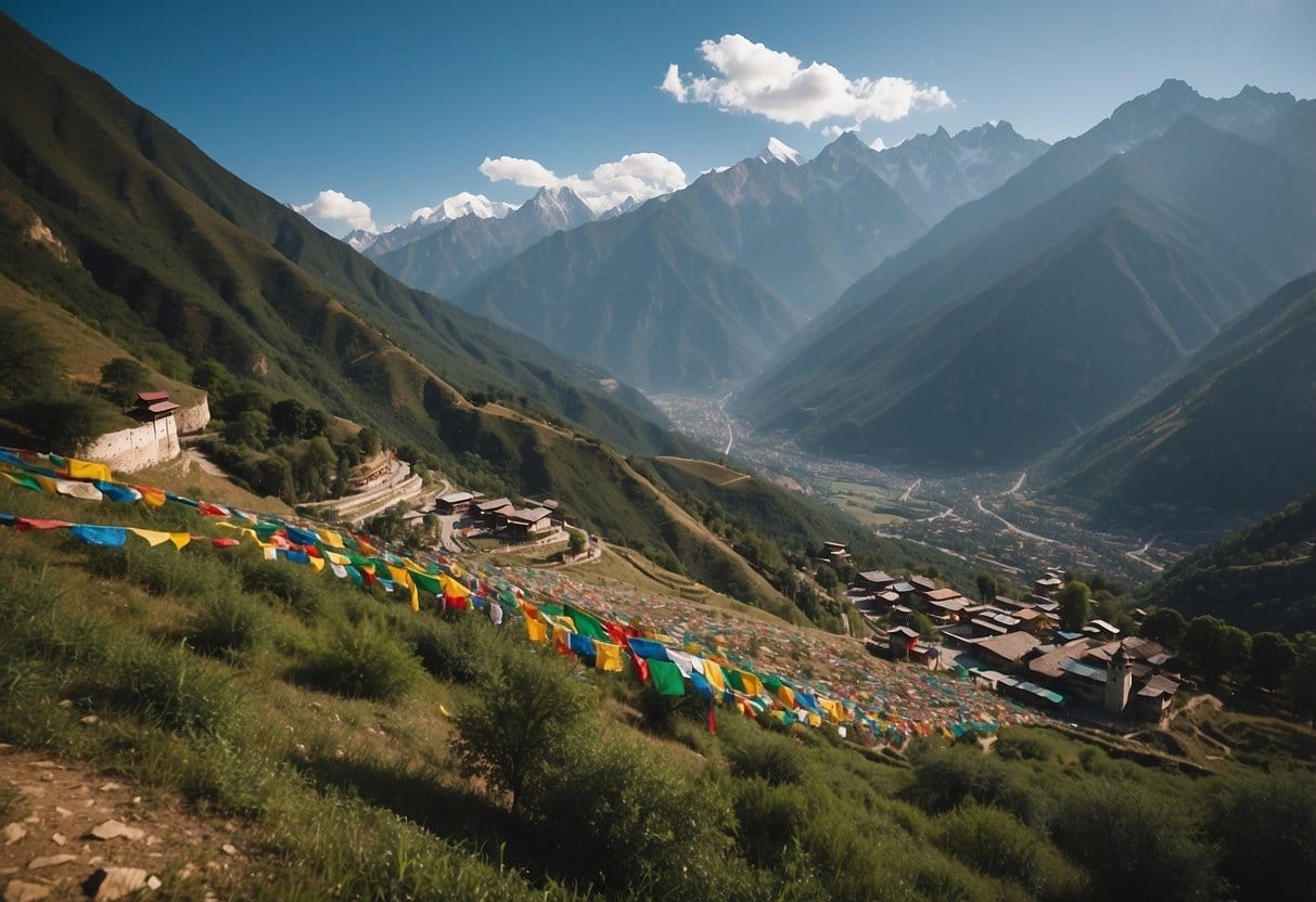Lush green mountains, colorful prayer flags fluttering in the wind, and a serene monastery nestled in the Himalayas